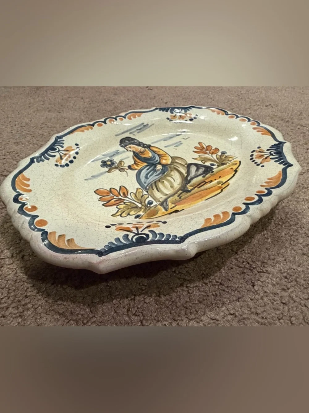 Antique Italian Majolica Faience Serving Plate Hand Painted Girl Woman w Flowers